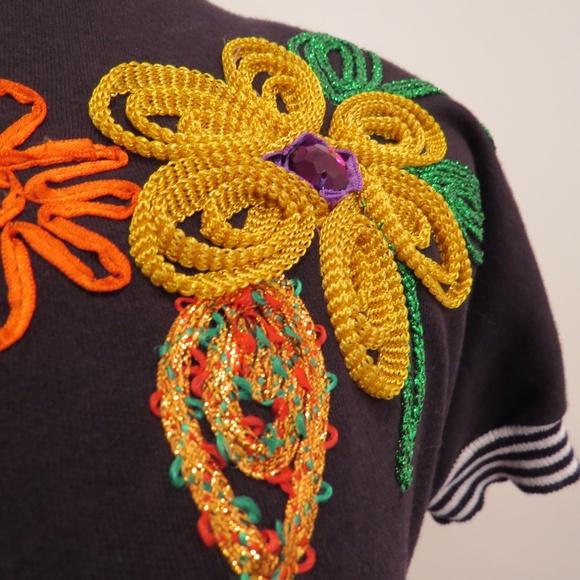 Vintage 80s Statement Knit Top | Ribbon Embroidery & Gem Accents | Retro Glam - Picture 2 of 8